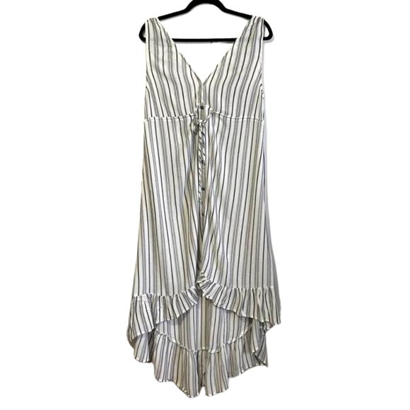 Saltwater Luxe Button Tie Striped Midi High Low Ruffle Hem Dress - Picture 2 of 16
